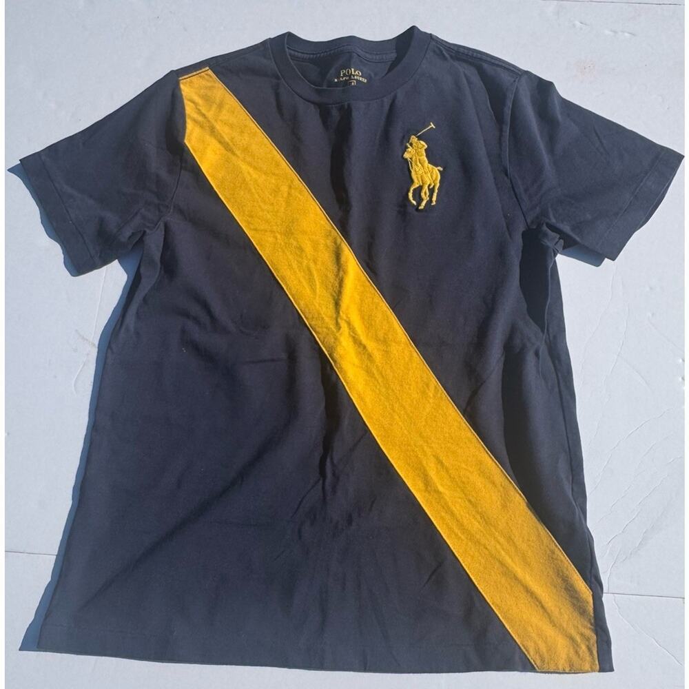 Polo Ralph Lauren Big Pony Tee M Navy Yellow Stripe Logo Shirt